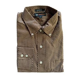 NWOT XMI Umbria Mens Large Button Down Dress Shirt Brown w White Dots